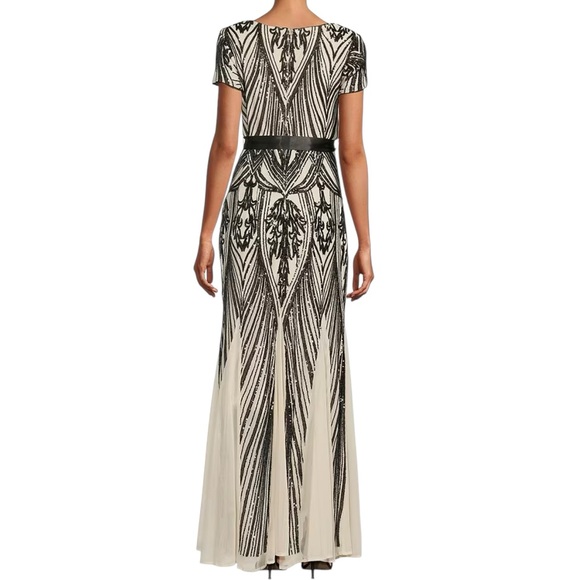 R&M Richards Short Sleeve Sweetheart Neck Embellished Sequin Panel Godet Dress - Picture 3 of 15